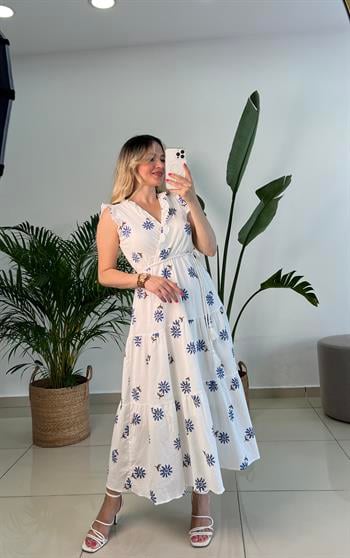 Pamuk Keten Mavi Çiçek Nakışlı Elbise