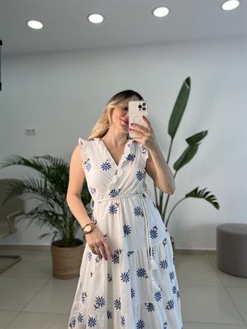 Pamuk Keten Mavi Çiçek Nakışlı Elbise