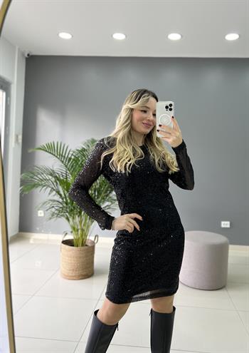 Payetli Siyah Elbise 