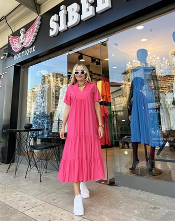 Pembe Krinkıl İpek Keten Elbise 