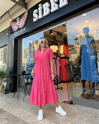 Pembe Krinkıl İpek Keten Elbise 