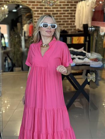 Pembe Krinkıl İpek Keten Elbise 