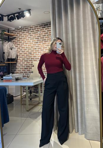 Pileli Kumaş Siyah Palazzo Pantolon