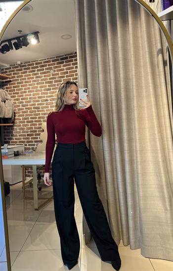 Pileli Kumaş Siyah Palazzo Pantolon