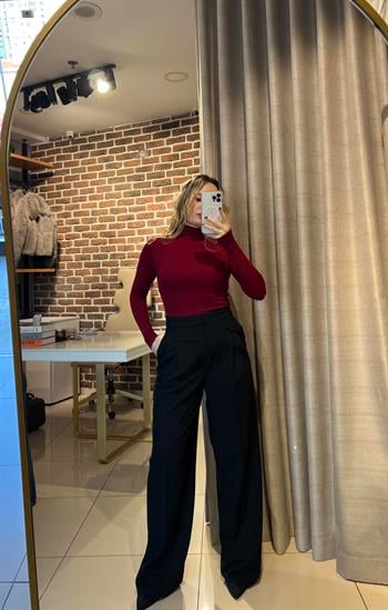 Pileli Kumaş Siyah Palazzo Pantolon