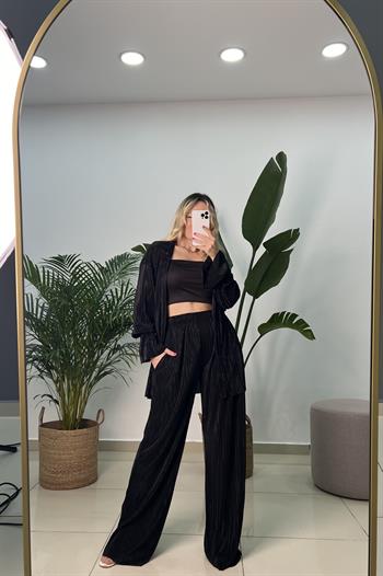 Piliseli Kimono Siyah Takım