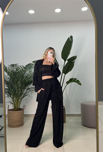 Piliseli Kimono Siyah Takım