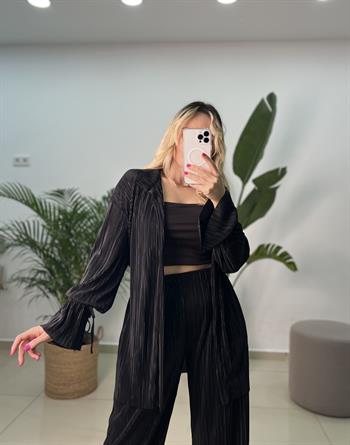Piliseli Kimono Siyah Takım