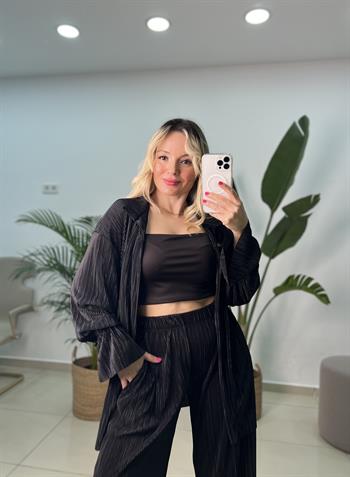 Piliseli Kimono Siyah Takım