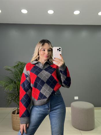 Polo Yaka Baklava Desenli Triko Kazak 