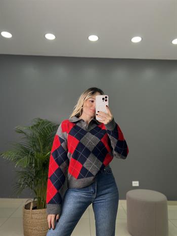 Polo Yaka Baklava Desenli Triko Kazak 