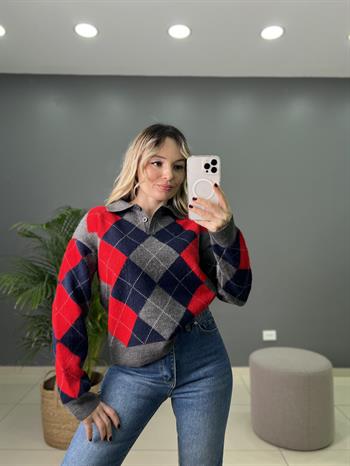 Polo Yaka Baklava Desenli Triko Kazak 