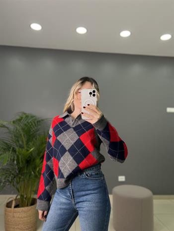 Polo Yaka Baklava Desenli Triko Kazak 