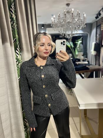 Polo Yaka Düğmeli Antrasit Triko Hırka