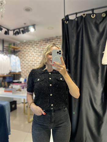 Polo Yaka Düğmeli Simli Siyah Triko Hırka