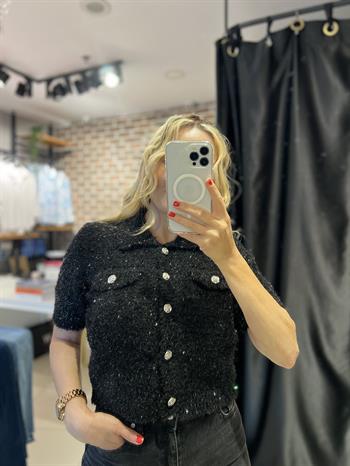 Polo Yaka Düğmeli Simli Siyah Triko Hırka