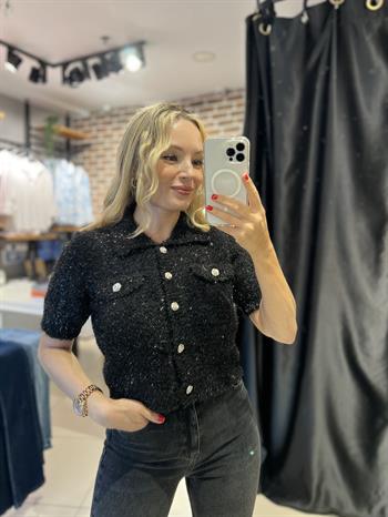 Polo Yaka Düğmeli Simli Siyah Triko Hırka