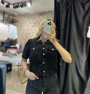 Polo Yaka Düğmeli Simli Siyah Triko Hırka