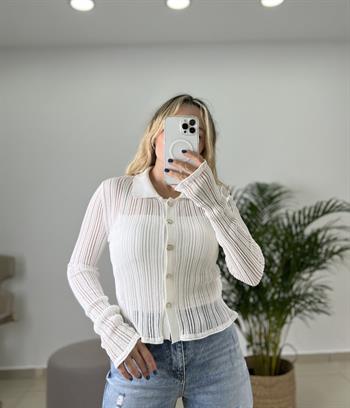 Polo Yaka Düğmeli Transparan Ekru Merserize  Hırka  