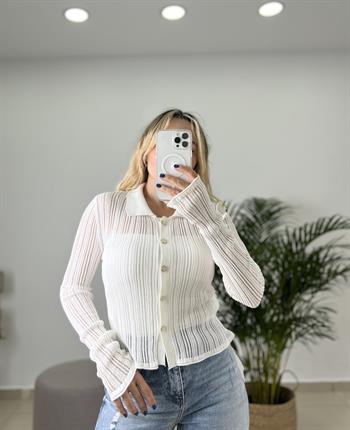 Polo Yaka Düğmeli Transparan Ekru Merserize  Hırka  