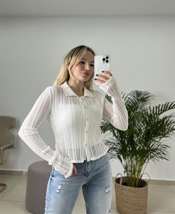 Polo Yaka Düğmeli Transparan Ekru Merserize  Hırka  
