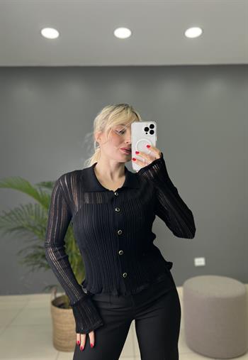 Polo Yaka Düğmeli Transparan Triko Hırka 