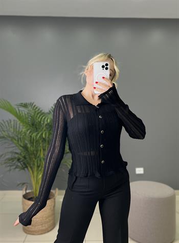 Polo Yaka Düğmeli Transparan Triko Hırka 