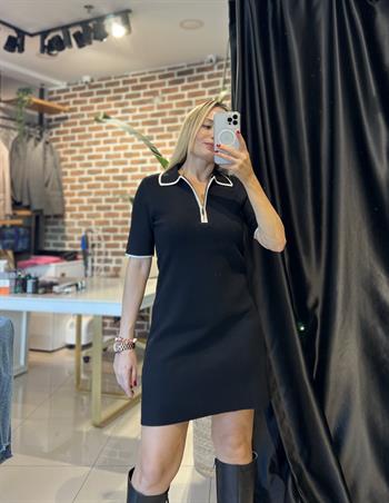 Polo Yaka Fermuar Detaylı Siyah  Elbise