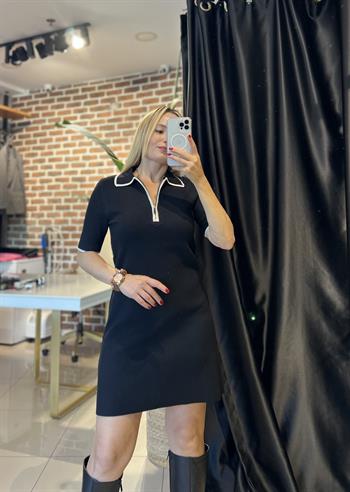 Polo Yaka Fermuar Detaylı Siyah  Elbise