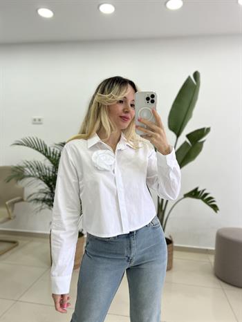 Poplin Dokuda Gül Detaylı Tasarım Crop Gömlek