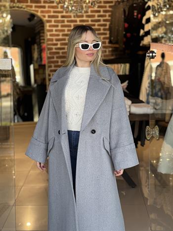 Premıum Kalite Balıksırtı Gri Kaşe Kaban