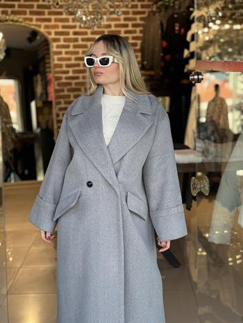 Premıum Kalite Balıksırtı Gri Kaşe Kaban