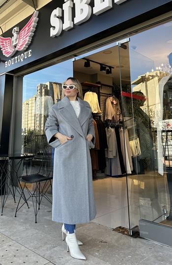 Premıum Kalite Balıksırtı Gri Kaşe Kaban