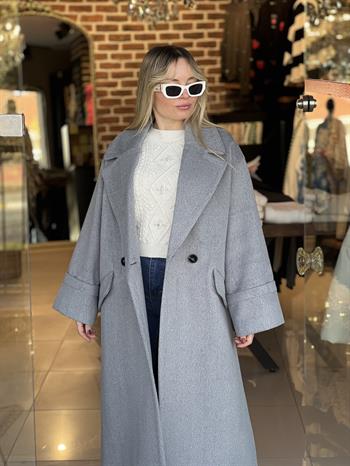 Premıum Kalite Balıksırtı Gri Kaşe Kaban