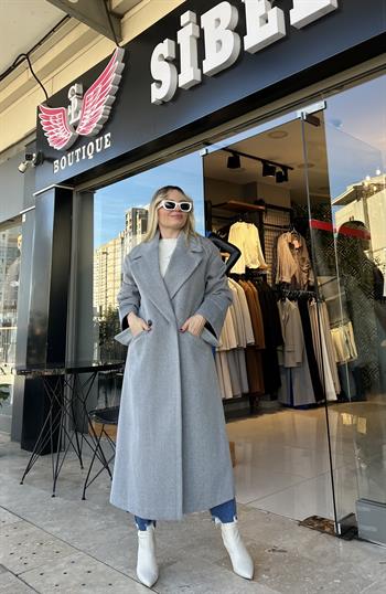 Premıum Kalite Balıksırtı Gri Kaşe Kaban