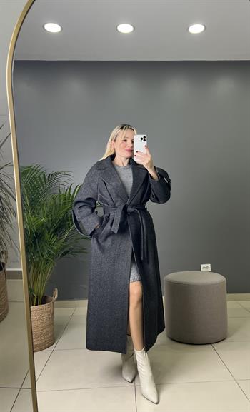 Premıum Kalite Kuşaklı Antrasit Gri  Balıksırtı Kaşe Kaban 