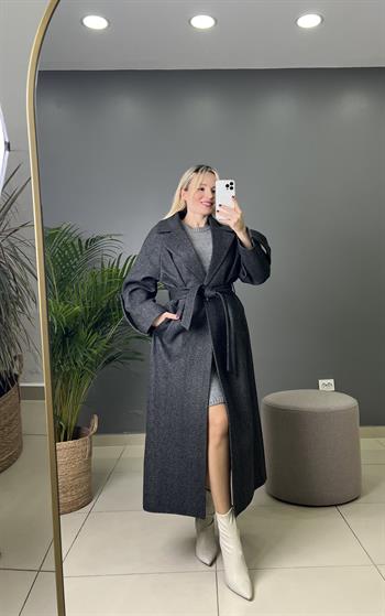 Premıum Kalite Kuşaklı Antrasit Gri  Balıksırtı Kaşe Kaban 