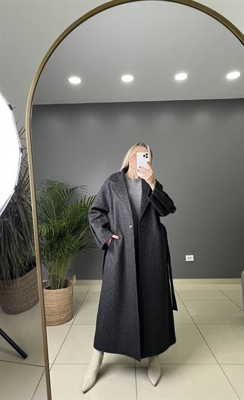 Premıum Kalite Kuşaklı Antrasit Gri  Balıksırtı Kaşe Kaban 