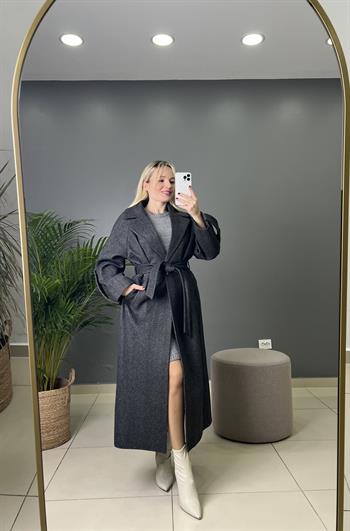 Premıum Kalite Kuşaklı Antrasit Gri  Balıksırtı Kaşe Kaban 