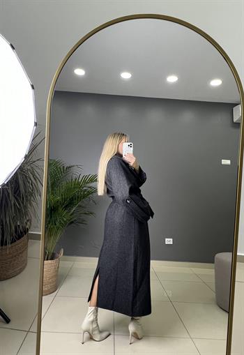 Premıum Kalite Kuşaklı Antrasit Gri  Balıksırtı Kaşe Kaban 