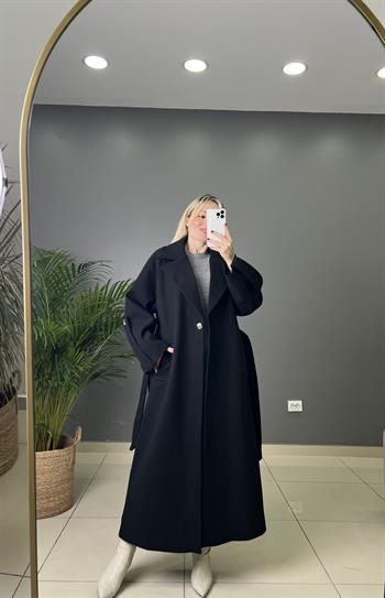 Premıum Kalite Kuşaklı Siyah Kaban