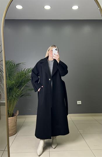 Premıum Kalite Kuşaklı Siyah Kaban