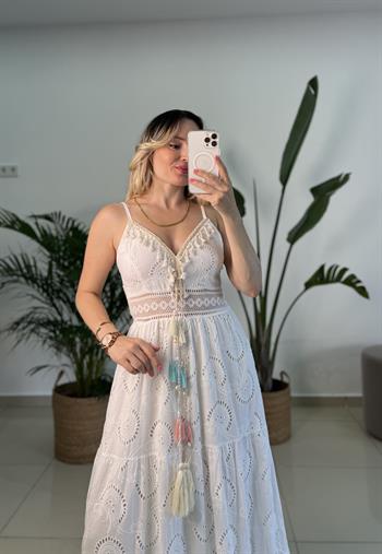 Püskül Detay Astarlı Beyaz Fisto Elbise