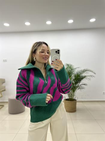 Renk Geçişli Kamyoner Yaka Fermuarlı Kazak