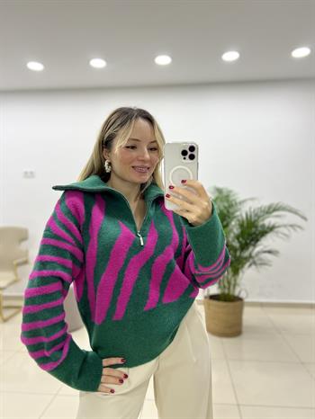 Renk Geçişli Kamyoner Yaka Fermuarlı Kazak