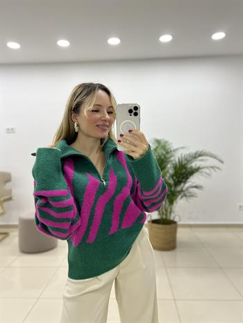 Renk Geçişli Kamyoner Yaka Fermuarlı Kazak