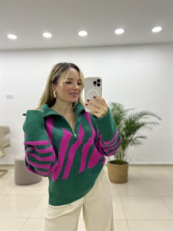 Renk Geçişli Kamyoner Yaka Fermuarlı Kazak