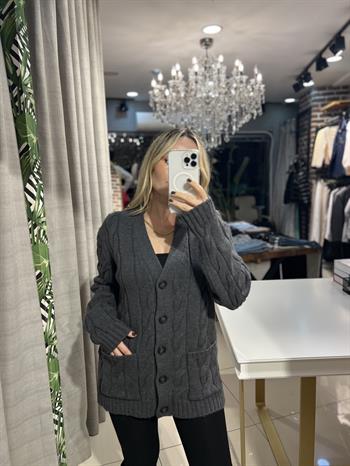 Saç Örgü Düğmeli Füme Triko Hırka