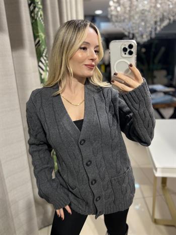 Saç Örgü Düğmeli Füme Triko Hırka