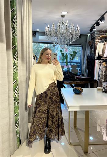 Şal Desenli Şifon Midi Etek